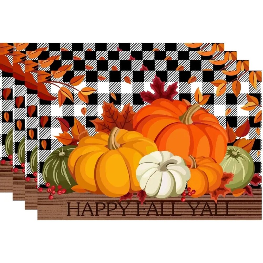 " Happy Fall YAll" Placemats Set 4 Buffalo Print & Pumpkins Set 4